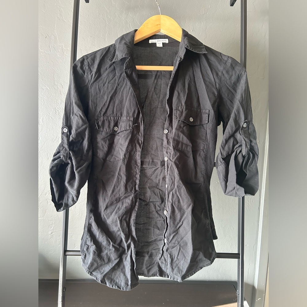 James Perse cotton 3/4 sleeve black button down